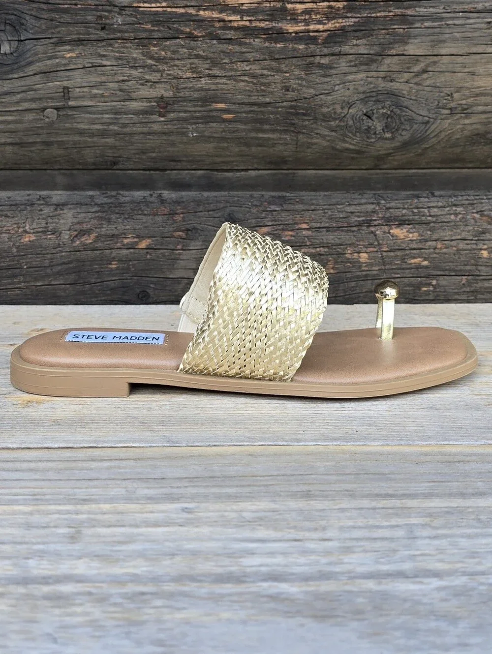 Steve Madden Dacey Y2K Coastal Boho Metallic Woven Toe Ring Slide Sandals 7M